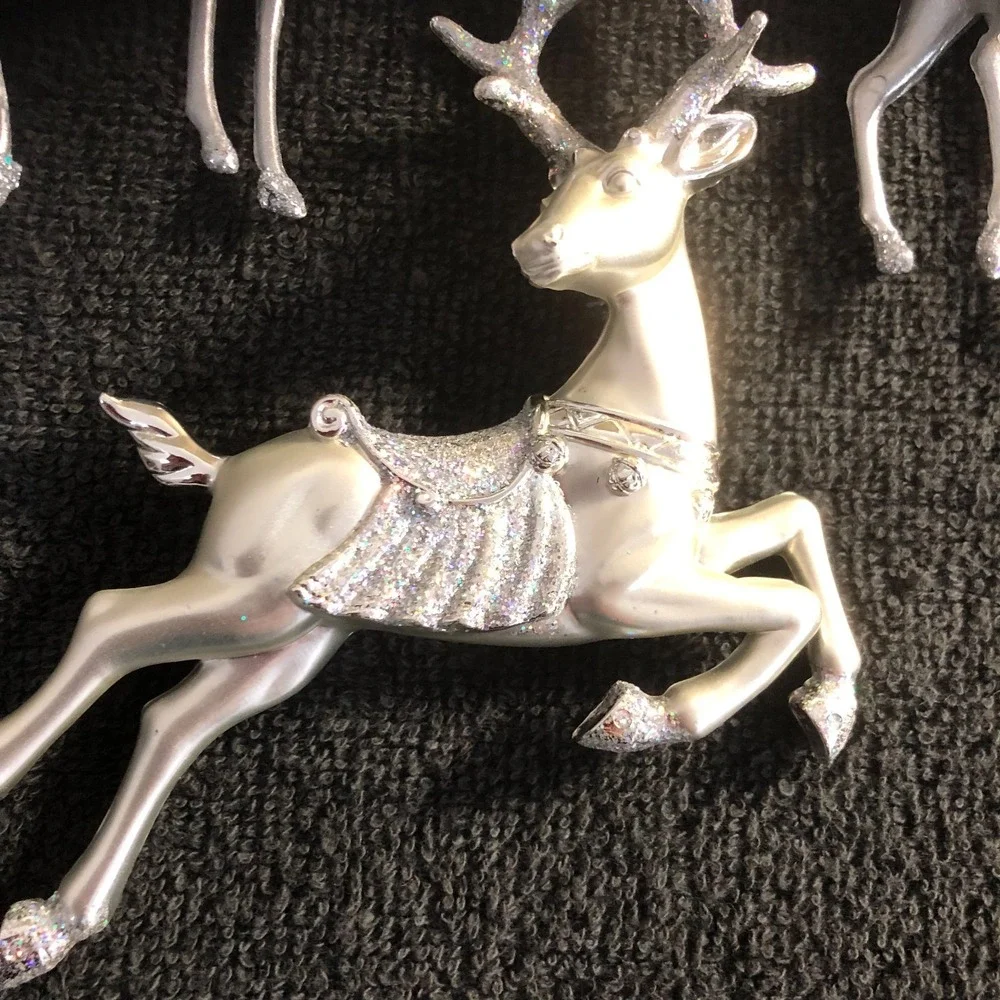 3 ~ Silver Cast Metal Reindeer Ornaments Leaping Prancing Fine Glitter READ